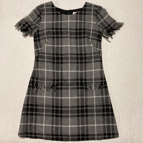 Amanda Uprichard Black and Gray Tweed Sheath Midi Dress | Short Sleeves | Fringe - Picture 1 of 12